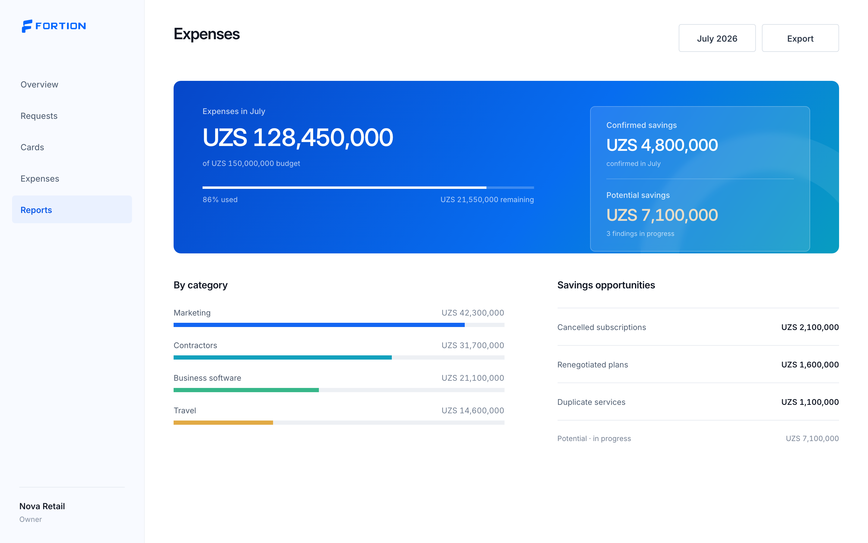 Fortion dashboard showing expenses, potential savings, and confirmed savings separately
